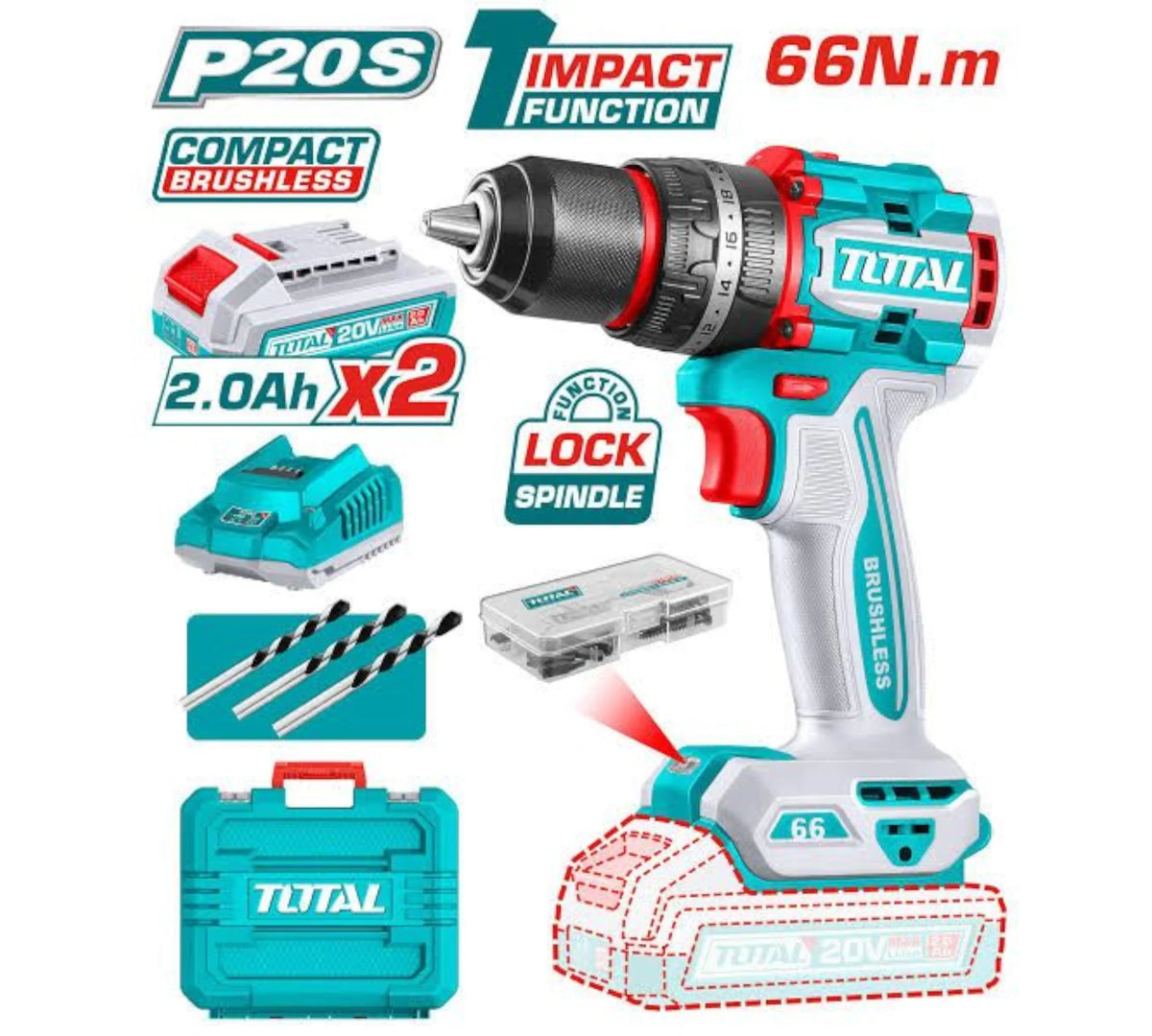 20V Cordless Brushless Impact Drill | 66Nm Torque & 13mm Metal Chuck
